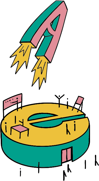 Ein A fliegt wie eine Rakete von einem liegenden E, das ein Gebäude mit lernenden Figuren ist.